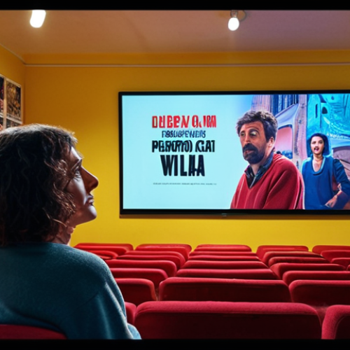 Home 15 **
A vibrant scene inside a cozy Italian cinema. A streamer, with a touch of irony in their expression, is passionately discussing an independent Italian film with an engaged online audience visible on a large screen behind them. Film posters adorn the walls, and the atmosphere is relaxed and inviting.
**