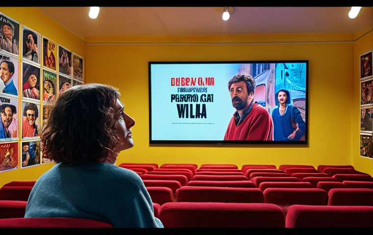 **
A vibrant scene inside a cozy Italian cinema. A streamer, with a touch of irony in their expression, is passionately discussing an independent Italian film with an engaged online audience visible on a large screen behind them. Film posters adorn the walls, and the atmosphere is relaxed and inviting.
**