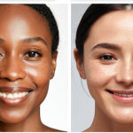 **

A woman smiling confidently, her skin clear and radiant, surrounded by skincare products. The background shows a before-and-after split screen, highlighting the emotional journey from struggle to self-esteem. Warm, inviting lighting with a focus on authenticity and vulnerability. Keywords: skincare transformation, emotional journey, confidence, authentic beauty.

**