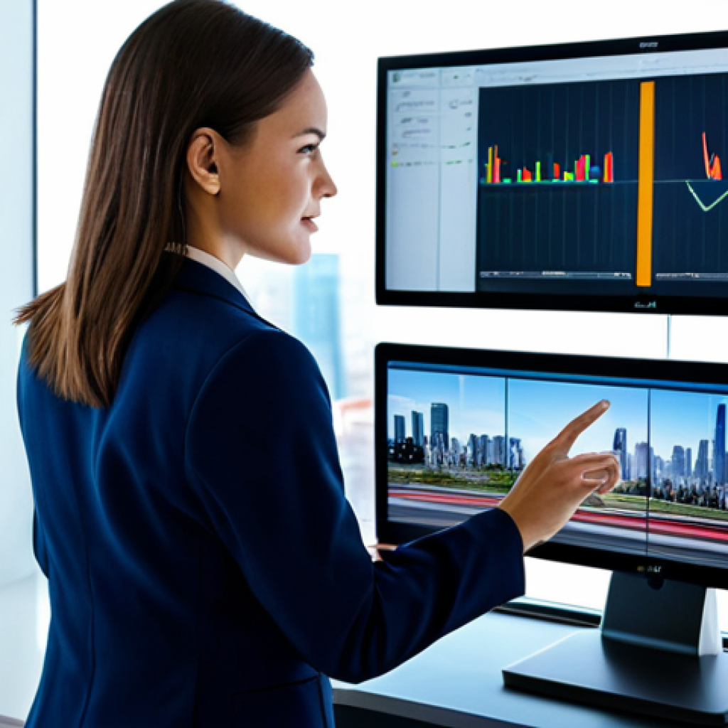 A professional female video editor in a modest business casual outfit, fully clothed, appropriate attire, standing in a brightly lit modern editing suite. She is looking at multiple screens displaying blurred, dynamic fast-forwarded cityscape timelapses and energetic event footage, illustrating accelerated video. The environment is a clean, contemporary studio with sleek design and soft natural light. High-resolution professional photography, sharp focus, vibrant colors, safe for work, appropriate content, professional, perfect anatomy, correct proportions, natural pose, well-formed hands, proper finger count, natural body proportions.