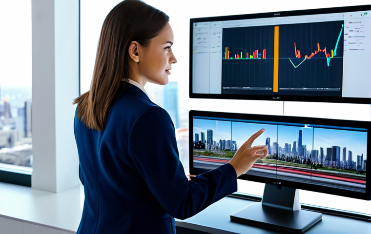 A professional female video editor in a modest business casual outfit, fully clothed, appropriate attire, standing in a brightly lit modern editing suite. She is looking at multiple screens displaying blurred, dynamic fast-forwarded cityscape timelapses and energetic event footage, illustrating accelerated video. The environment is a clean, contemporary studio with sleek design and soft natural light. High-resolution professional photography, sharp focus, vibrant colors, safe for work, appropriate content, professional, perfect anatomy, correct proportions, natural pose, well-formed hands, proper finger count, natural body proportions.