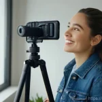 인스타그램 동영상 업로드 최적화 - A vibrant, cheerful female content creator, approximately 28 years old, is actively filming a vertic...