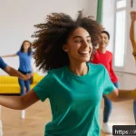 틱톡 챌린지 아이디어 - A joyful group of diverse young adults practicing a simple, energetic dance choreography in a bright...