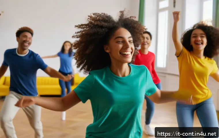틱톡 챌린지 아이디어 - A joyful group of diverse young adults practicing a simple, energetic dance choreography in a bright...