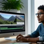 영상 자막 스타일 추천 - A modern video editing workspace showing a sleek computer screen displaying a tutorial video with cl...