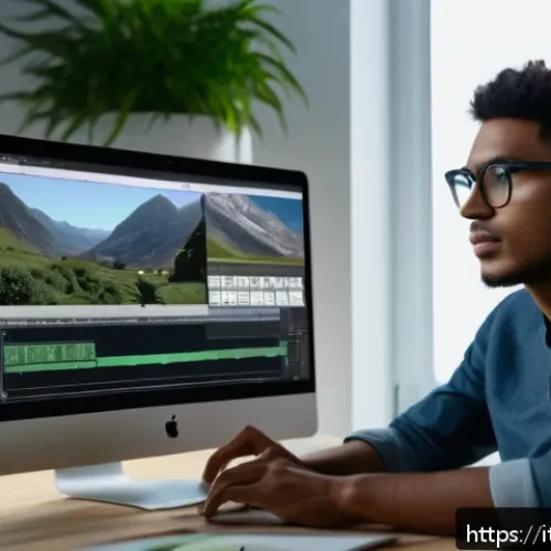 영상 자막 스타일 추천 - A modern video editing workspace showing a sleek computer screen displaying a tutorial video with cl...